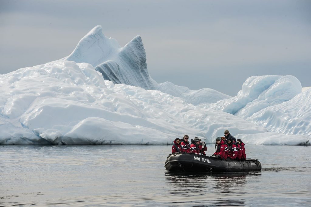 Zodiac boat crossing the Antarctic Circle