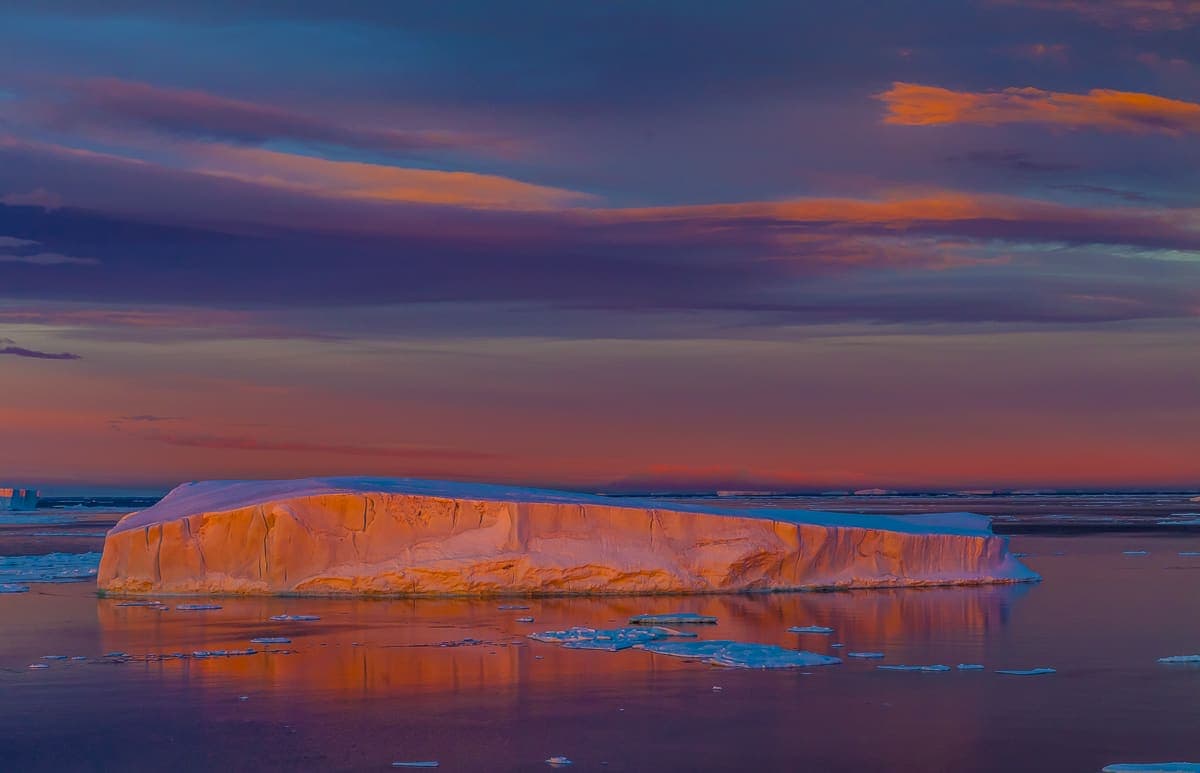 Antarctic Peninsula sunset on glacier