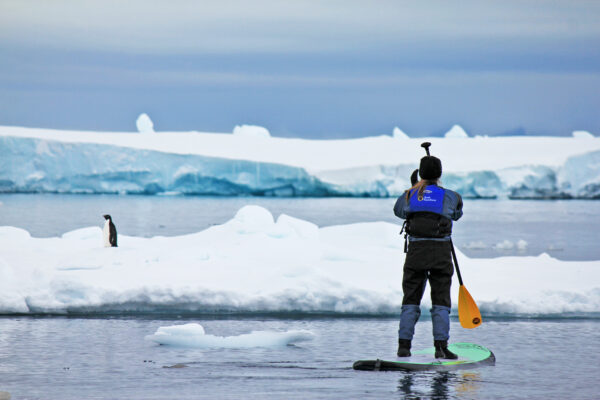 enjoy the adventure activity of stand-up paddleboarding in antarctica with polar holidays